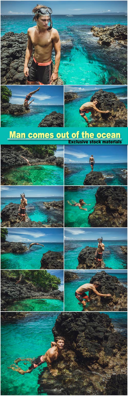 Attractive man comes out of the ocean