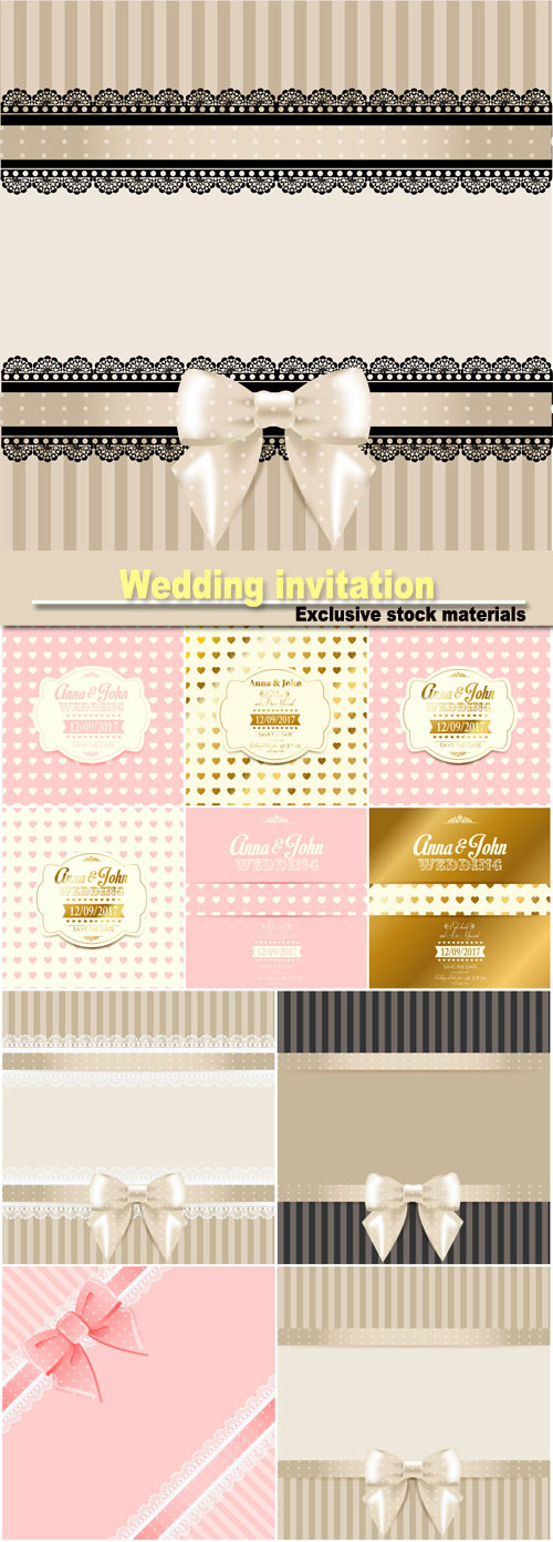 Wedding invitation with ribbons, vector backgrounds