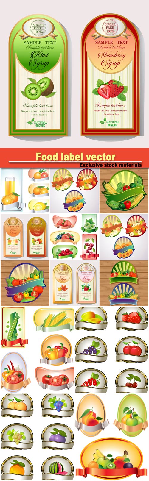 Food label vector, vegetables, berries and fruit