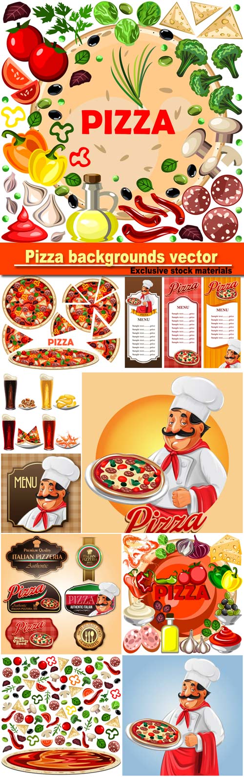 Pizza, labels and backgrounds vector