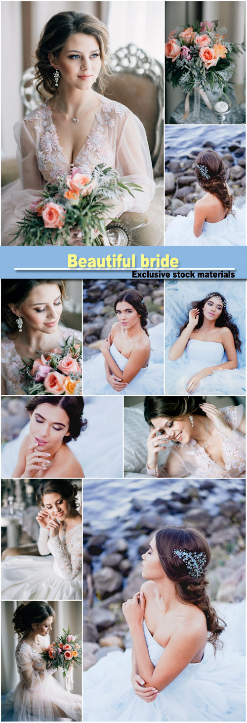 Beautiful bride, wedding dress, bouquet of roses
