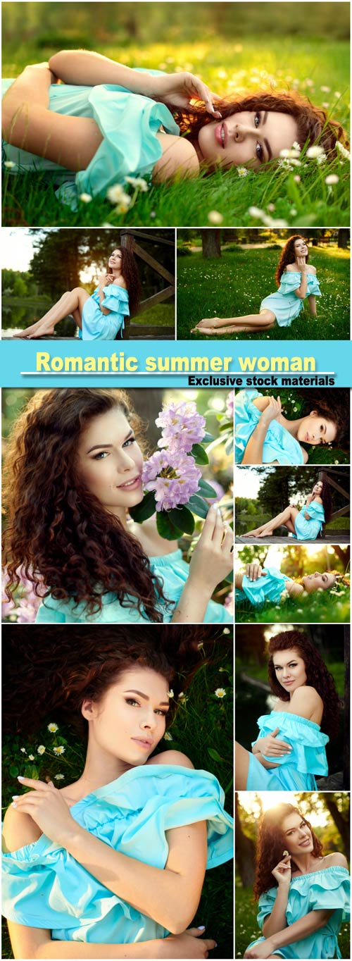 Romantic summer woman relaxing on sunshine flower meadow