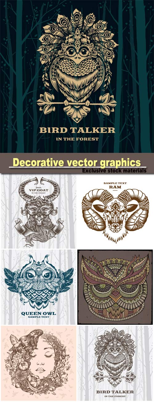 Decorative vector graphics, bird talker, goat, owl and girl on the nature