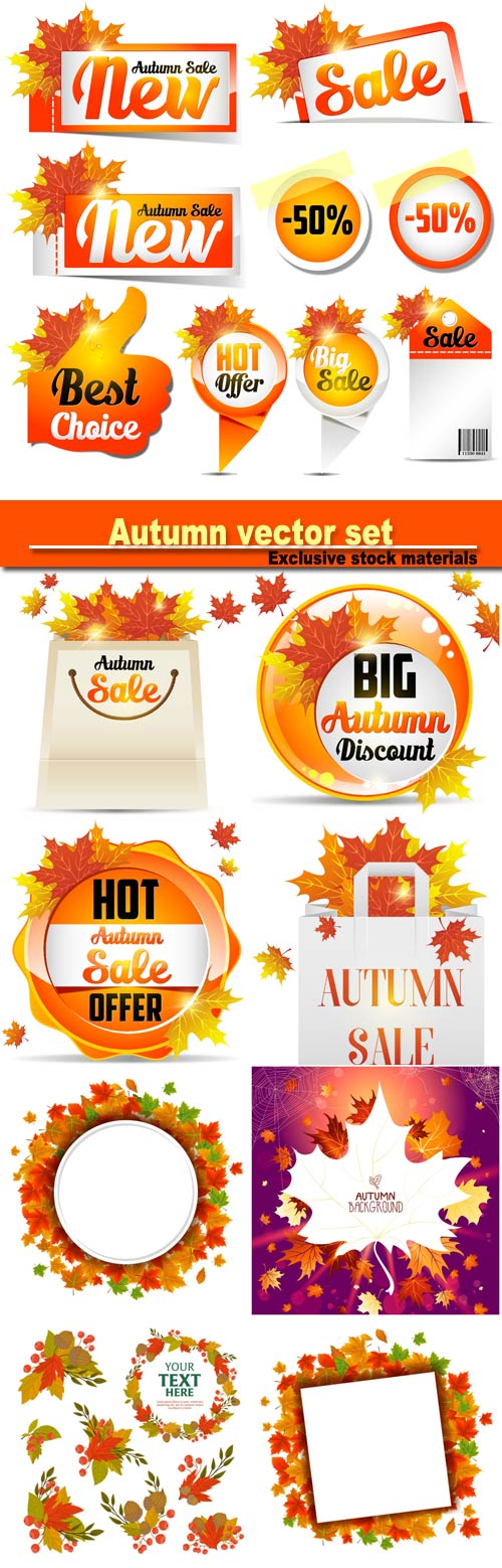 Wonderful autumn leaves background, discount and sale, tags, banners and stickers