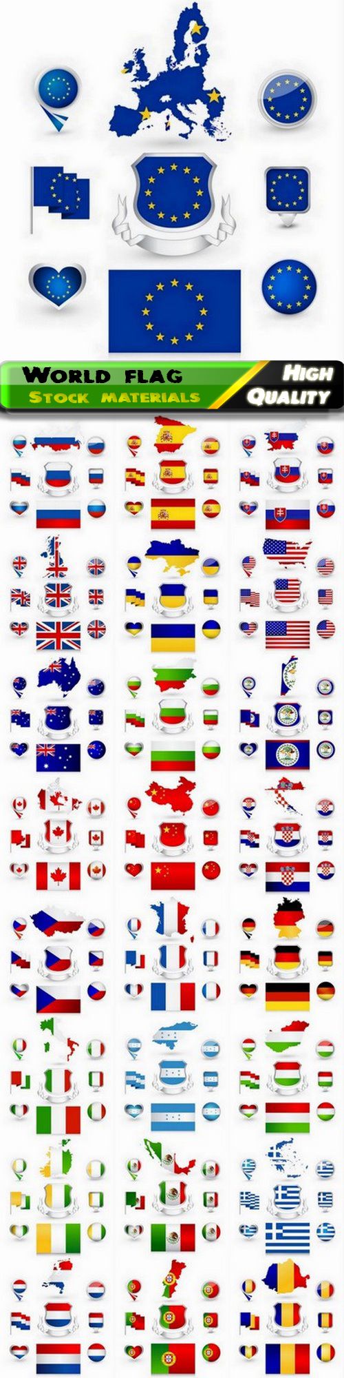World flag and button with country map - 25 Eps