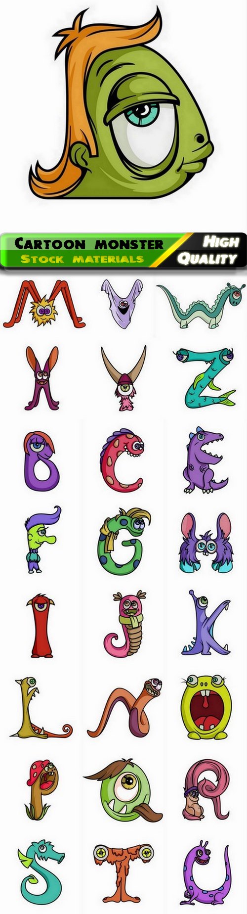 Funny cartoon monster font letter and alphabet - 25 Eps