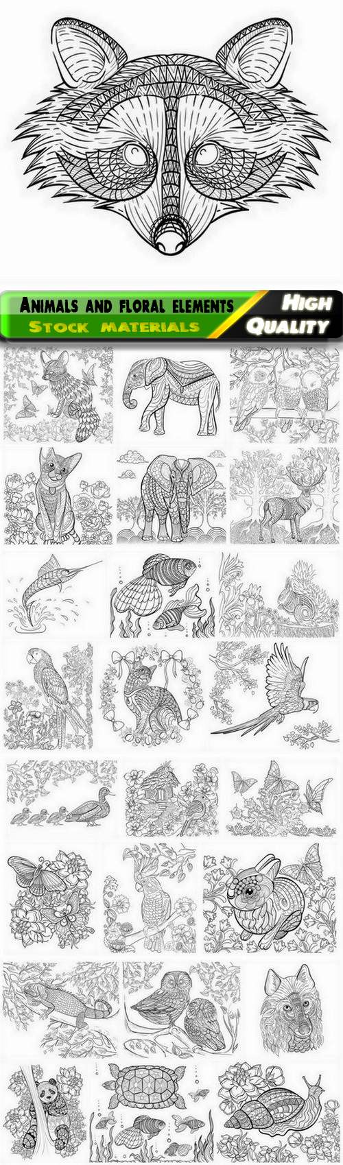 Coloring book with animals and floral elements - 25 Eps
